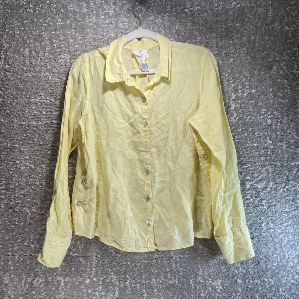 Calypso St Barth Linen Yellow‎ Long Sleeve Shirt Side Buttons M Beach Coastal